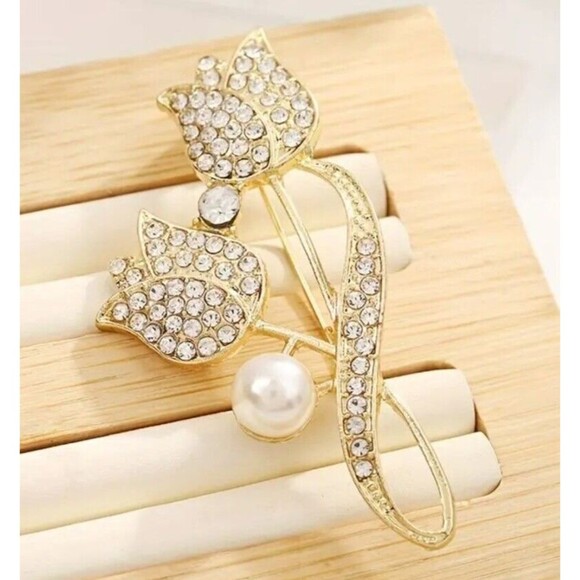 Gold Rhinestones Tulip FLOWER Pearl Brooch Flowers Tulips - Picture 4 of 4